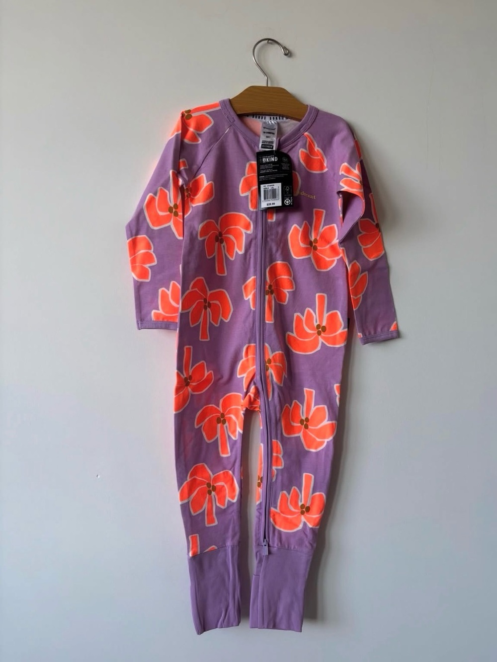 Bonds Lavender Kids Zipper Romper with Bright Coral Flowers